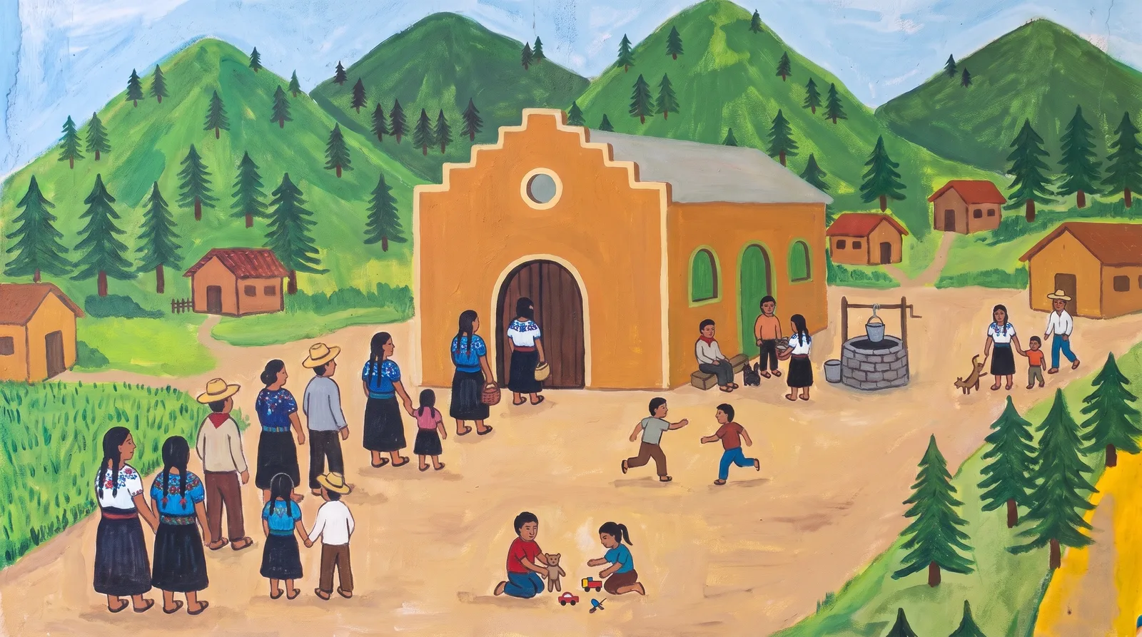 El templo de Nuevo Paraíso Tsotsil, pintado como en su mural